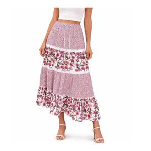 Solitaire Skirt Womens Long Boho Gypsie Lined Floral Ruffle Boho maxi skirt SZ M